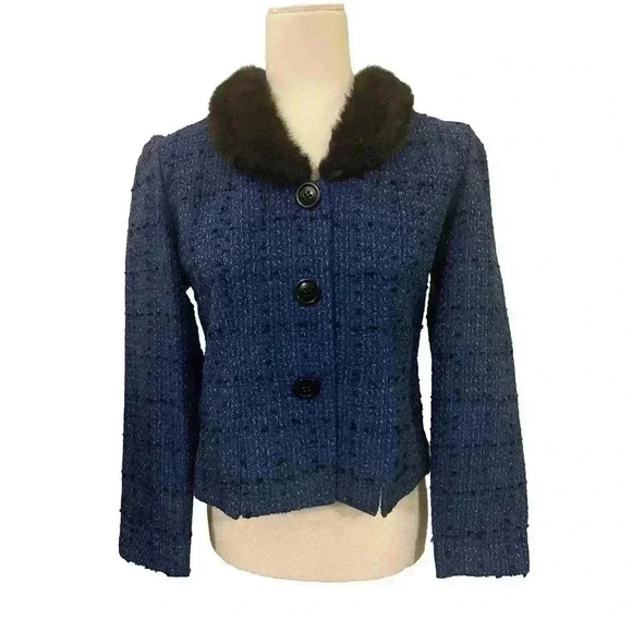 Vintage Jessica Howard 4P Blue Black Sparkle Tweed Faux Fur Collar Blazer Jacket - Picture 1 of 7